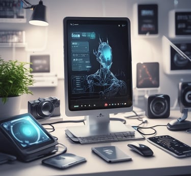 A sleek, modern warehouse filled with organized shelves of electronic components under bright industrial lighting.