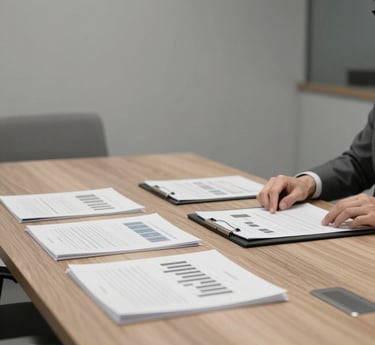 Modern office interior featuring glass partition walls, wooden desks, and ergonomic black chairs.