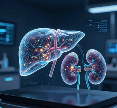 A sleek, dark-toned hospital corridor illuminated by soft blue lighting, showcasing advanced robotic surgical equipment.