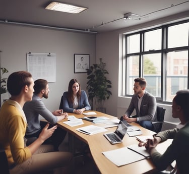 A professional team collaborating on digital marketing strategies.