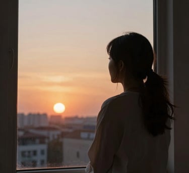 A thoughtful mother sitting by a window, reflecting quietly in a cozy, sunlit room.