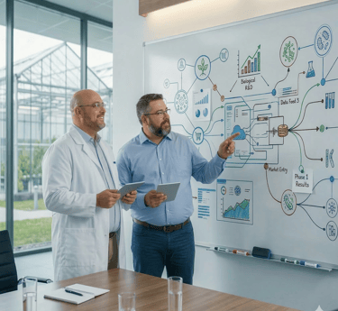 Two scientists in a lab analyzing biological R&D data on a digital whiteboard with tablets.
