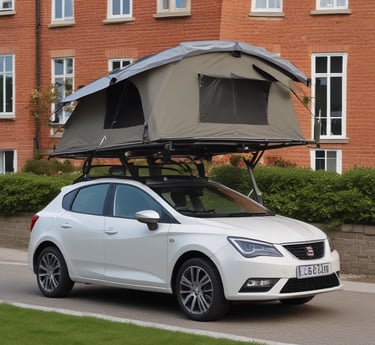 A rugged rooftop tent set up on a camper van against a mountain sunset.