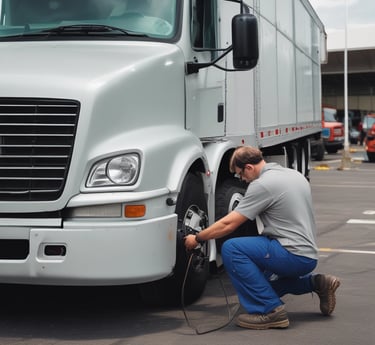 A skilled technician repairing a semi-truck engine outdoors with mobile service van in the background.