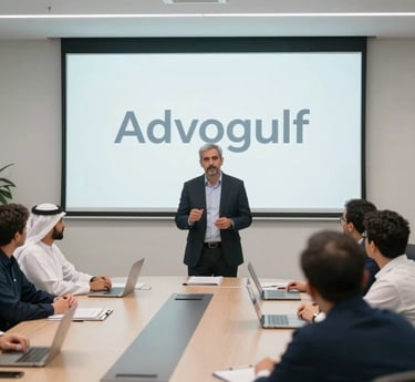 Arab business professional leading a digital marketing seminar in a modern office conference room.