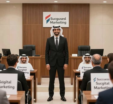 A professional team discussing digital marketing strategies in a modern office with legal books in the background.