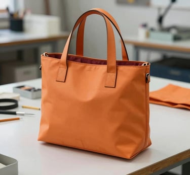 A cozy workspace with sewing tools and colorful fabric swatches representing handcrafted bags.