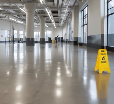 A professional cleaner in uniform carefully cleaning a modern office lobby with natural light.
