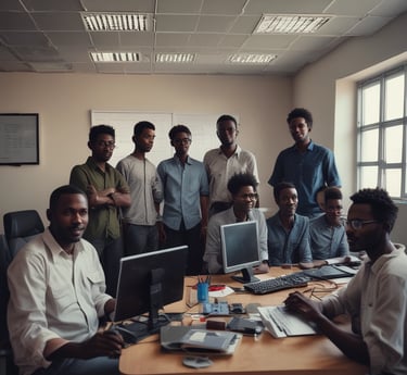 A modern office workspace in Atbara with team members collaborating on software development.