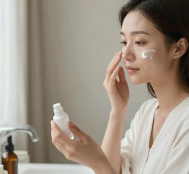 A soft, serene image of a person gently applying moisturizer in a sunlit, natural setting with greenery around.