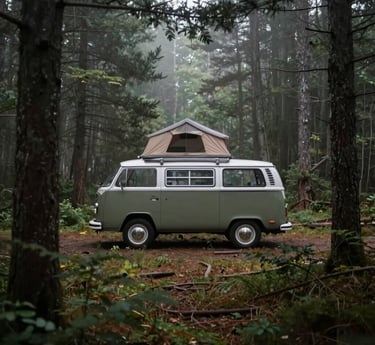 A split window Volkswagen camper van set in the distance of the deep woods.  The 