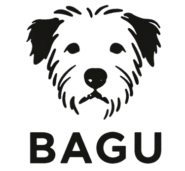 Minimalist black dog logo with the brand name BAGU displayed in bold text below a scruffy terrier face.