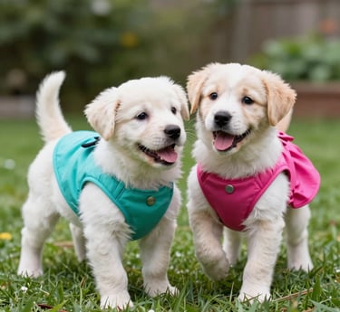 Dos cachorros esponjosos de color crema, con chalecos para perros de color turquesa y rosa, están de