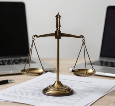 A warm office scene with two lawyers discussing a case over a laptop, surrounded by books and soft lighting in wine and gold tones.