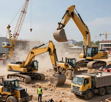 Construction workers installing air conditioning units on a modern building site.