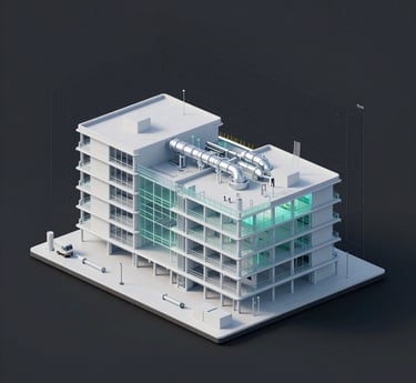 A sleek 3D BIM model overlay of a modern urban infrastructure project glowing subtly against a dark background.