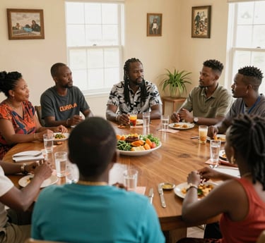 A lively neighborhood gathering with families sharing food and stories under colorful decorations.