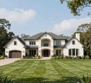 Luxurious River Oaks estate with manicured gardens in warm cream and sage tones.