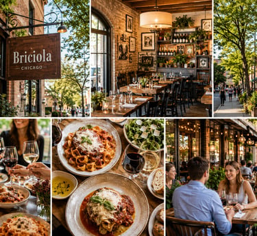 Diners enjoy authentic Italian pasta and wine at Briciola Chicago's outdoor patio and rustic dining room.