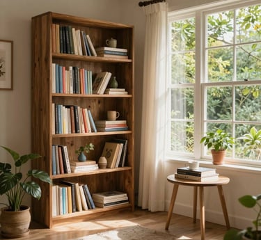 A cozy homeschool nook with natural light, books, and a simple wooden desk set up for learning.