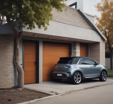 QUIERO UN GARAJE DE CASA DONDE HAYA UN VEHÍCULO ELÉCTRICO Y AL LADO UN CARGADOR PARA VEHÍCULO 
