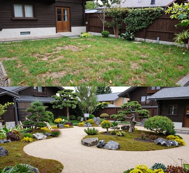 A peaceful Japanese garden featuring a carefully shaped bonsai tree beside a stone lantern.
