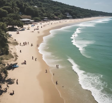 A vibrant beach scene at Praia da Pipa with tourists enjoying a scenic bike ride along the coastline.