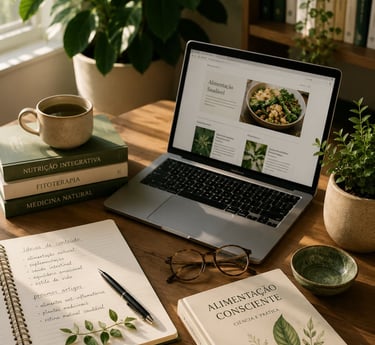 Mesa de trabalho com notebook, livros e plantas sobre saúde integrativa