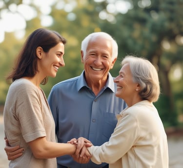 A friendly senior couple using a tablet together in a cozy living room, looking at healthcare information.