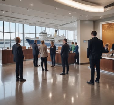 Technicians inspecting a large marine engine inside a shipyard workshop under bright industrial lighting.