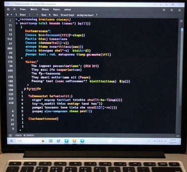 Sleek office workspace with dual monitors displaying code and design drafts in deep blue and crimson tones.