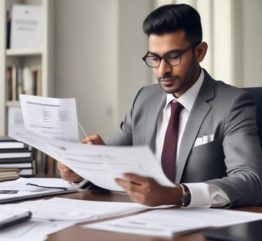 A professional Indian chartered accountant reviewing financial documents in a modern office.