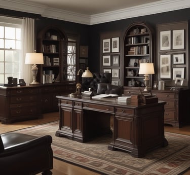Elegant office interior with dark navy and gold accents reflecting professionalism and trust.