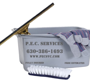 a cleaning brush and window cleaning squeegee in a bucket