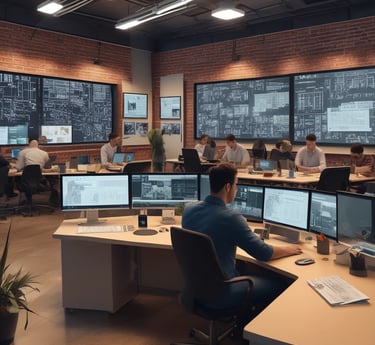 A warm, inviting workspace with Carl Jones collaborating with his diverse team, surrounded by screens showing AI data and real estate plans.