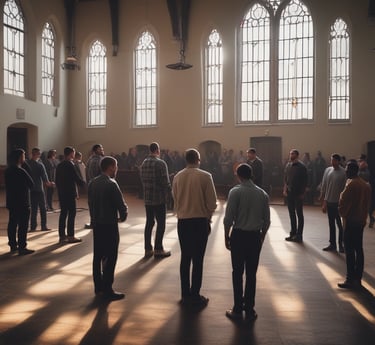 A warm, inviting group of diverse people sharing a moment of fellowship in a bright, cozy room.