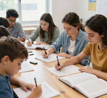 Participants engaged in a creative writing workshop, pens and notebooks in hand, surrounded by inspiring books.