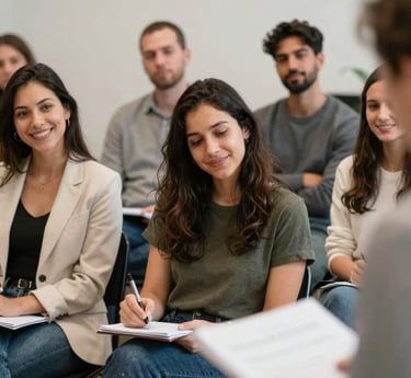 A speaker engaging an attentive audience with a warm smile and open gestures during a lively workshop.