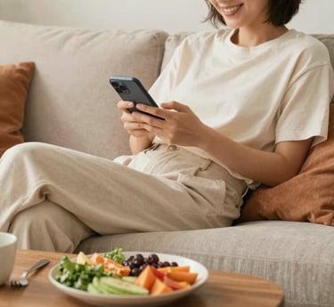 Persona relajada en el sofá usando la app DESPEJHA en su móvil con una comida saludable en la mesa