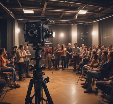 A creative film crew setting up cameras and lighting on a vibrant outdoor urban set.