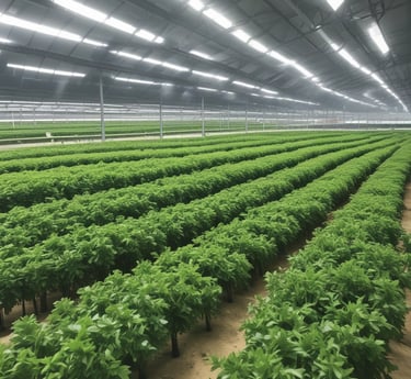 Trays of green microgreens growing in a modern vertical hydroponic indoor farm system.