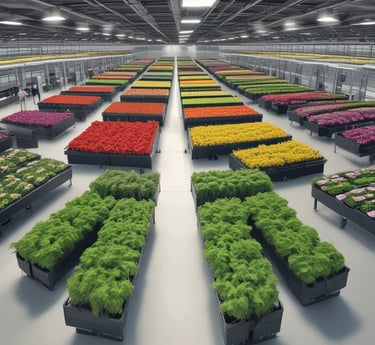Trays of green microgreens growing in a modern vertical hydroponic indoor farm system.