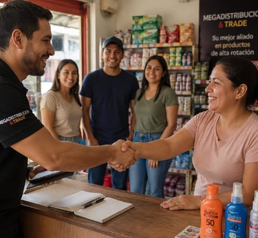 Un repartidor sonriente estrecha la mano del dueño de una tienda en el pasillo de un supermercado.