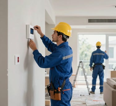 A skilled electrician carefully installing smart home wiring in a modern living room.