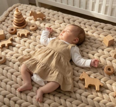 A sleeping baby on a chunky knit blanket surrounded by eco-friendly wooden toys.