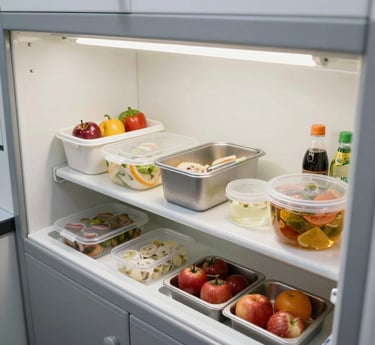 A clean, modern kitchen counter displaying fresh produce and packaged food items in natural light.