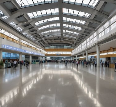 A sleek, modern taxi parked outside Asturias airport under a bright sky.