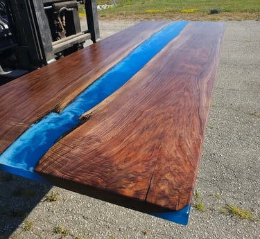 Black walnut boardroom table with blue epoxy river waves feature, 9ft, full view