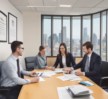 A confident professional shaking hands with a client in a modern office, symbolizing trust and partnership.