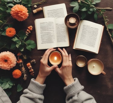 Soft morning light filtering through sheer curtains onto a simple wooden table with a steaming cup of tea and an open journal.